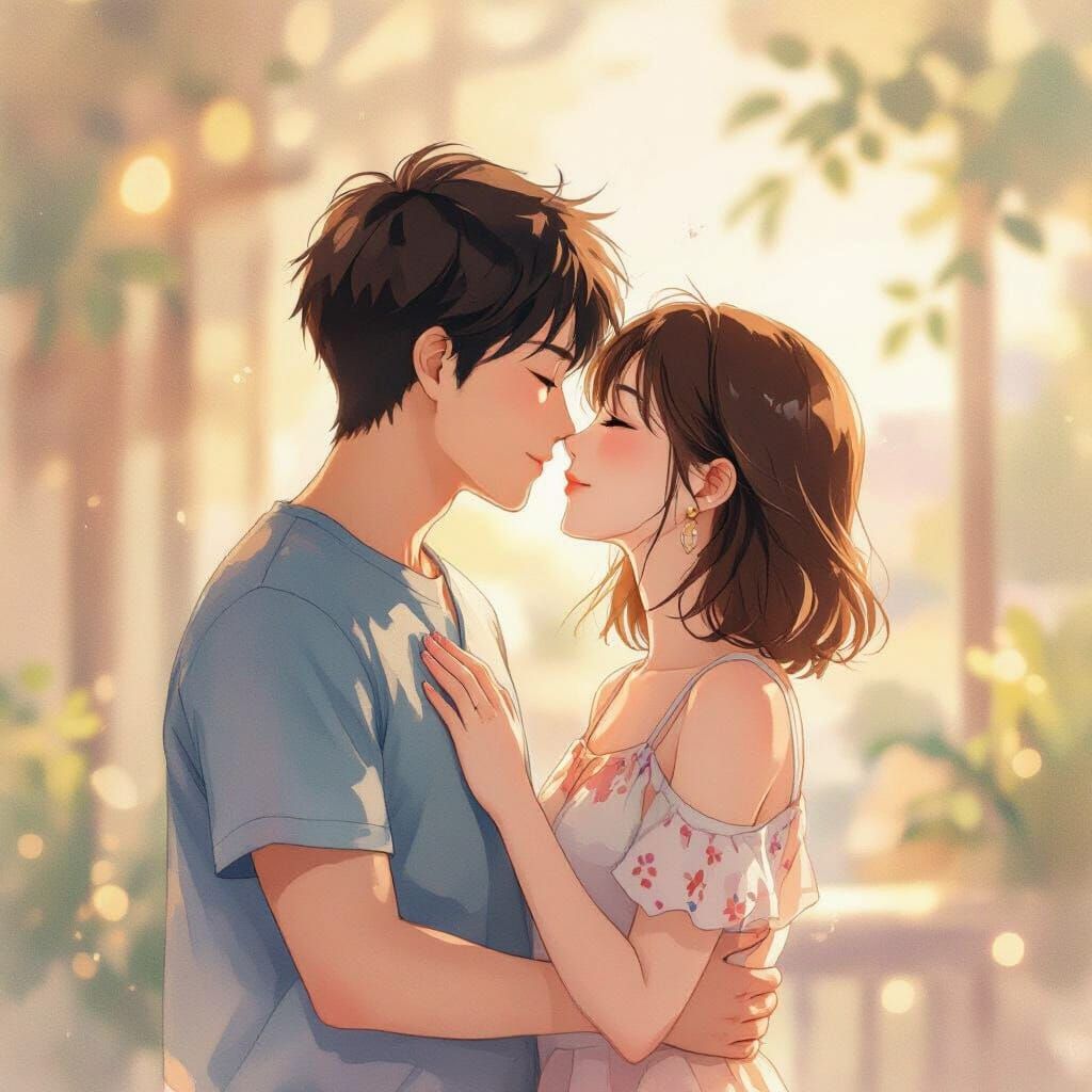 Couple Kissing in Watercolor Style