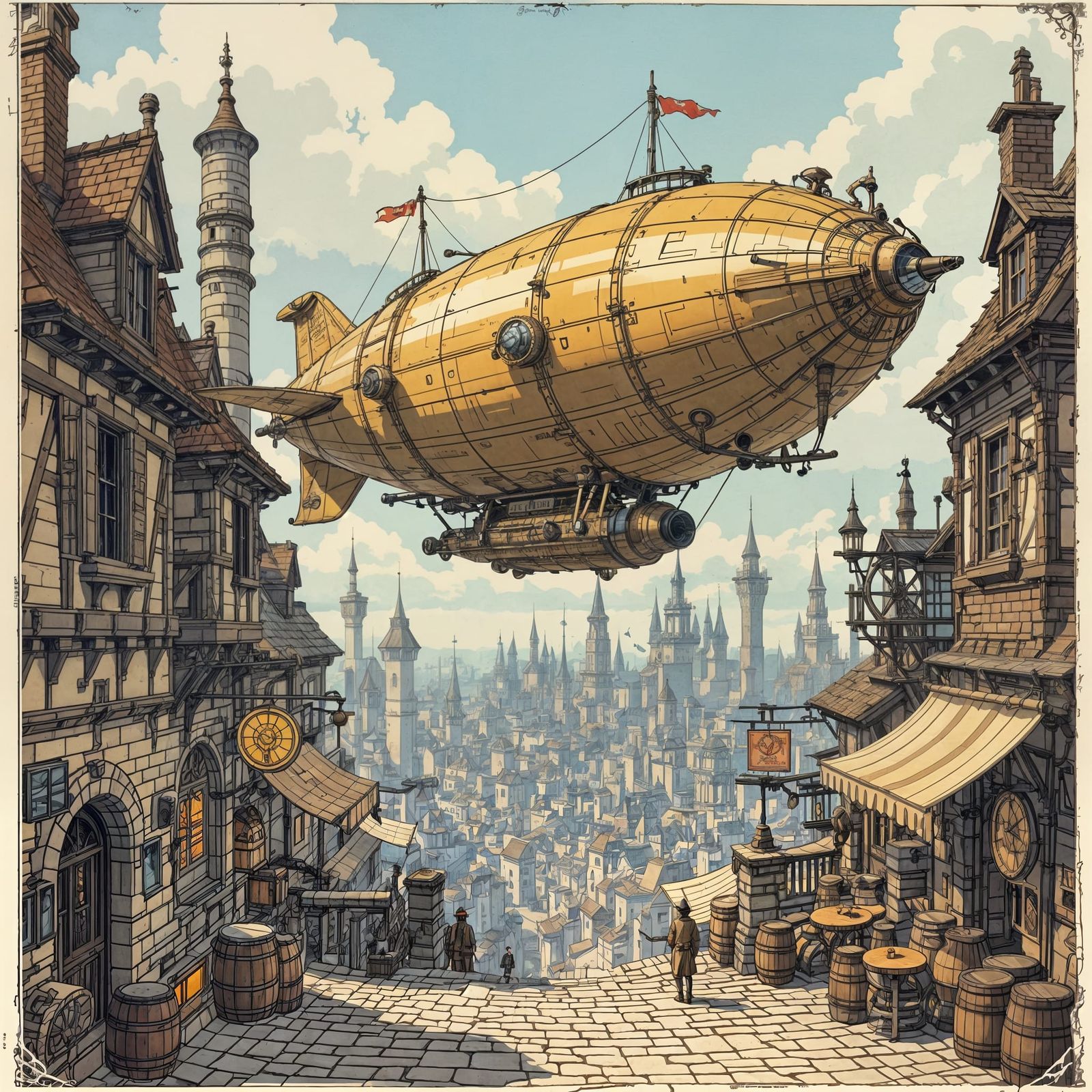 Steampunk Airship Docked in Fantasy City Technical Drawing