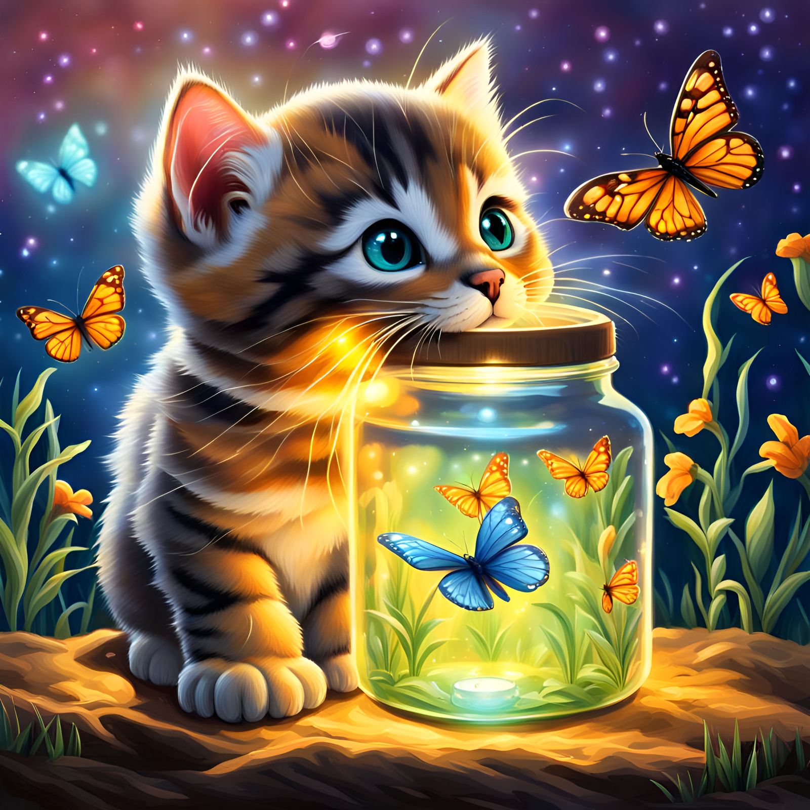Adorable Kitten Watches Butterfly in Jar of Fireflies