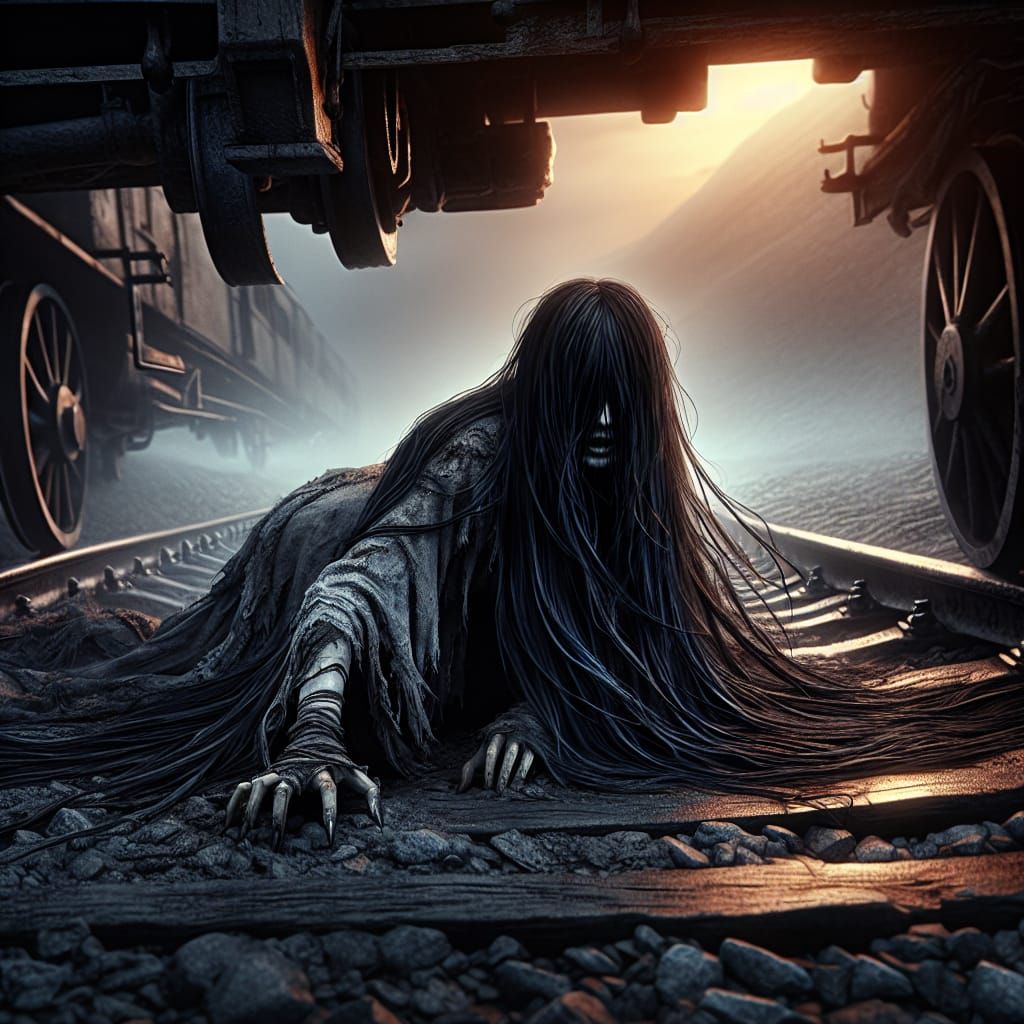 Eerie Woman Crawling from Under Train as Matte Painting