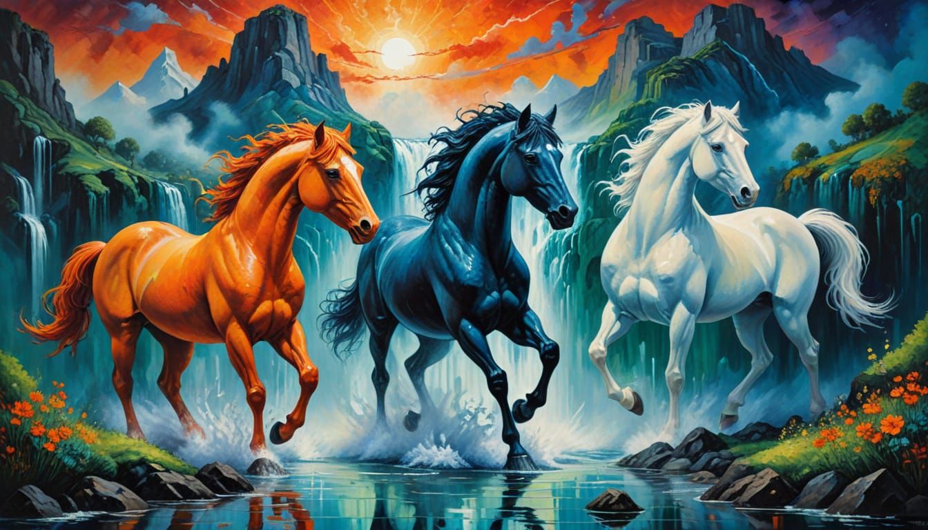 Surrealist Horses in Dreamscape, Dalí-Inspired Painting