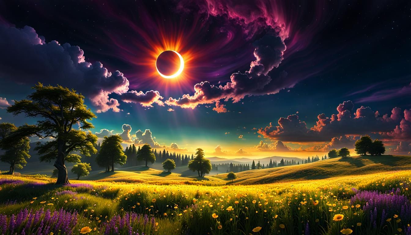 Eclipse Over Meadow: Fantasy Landscape Art