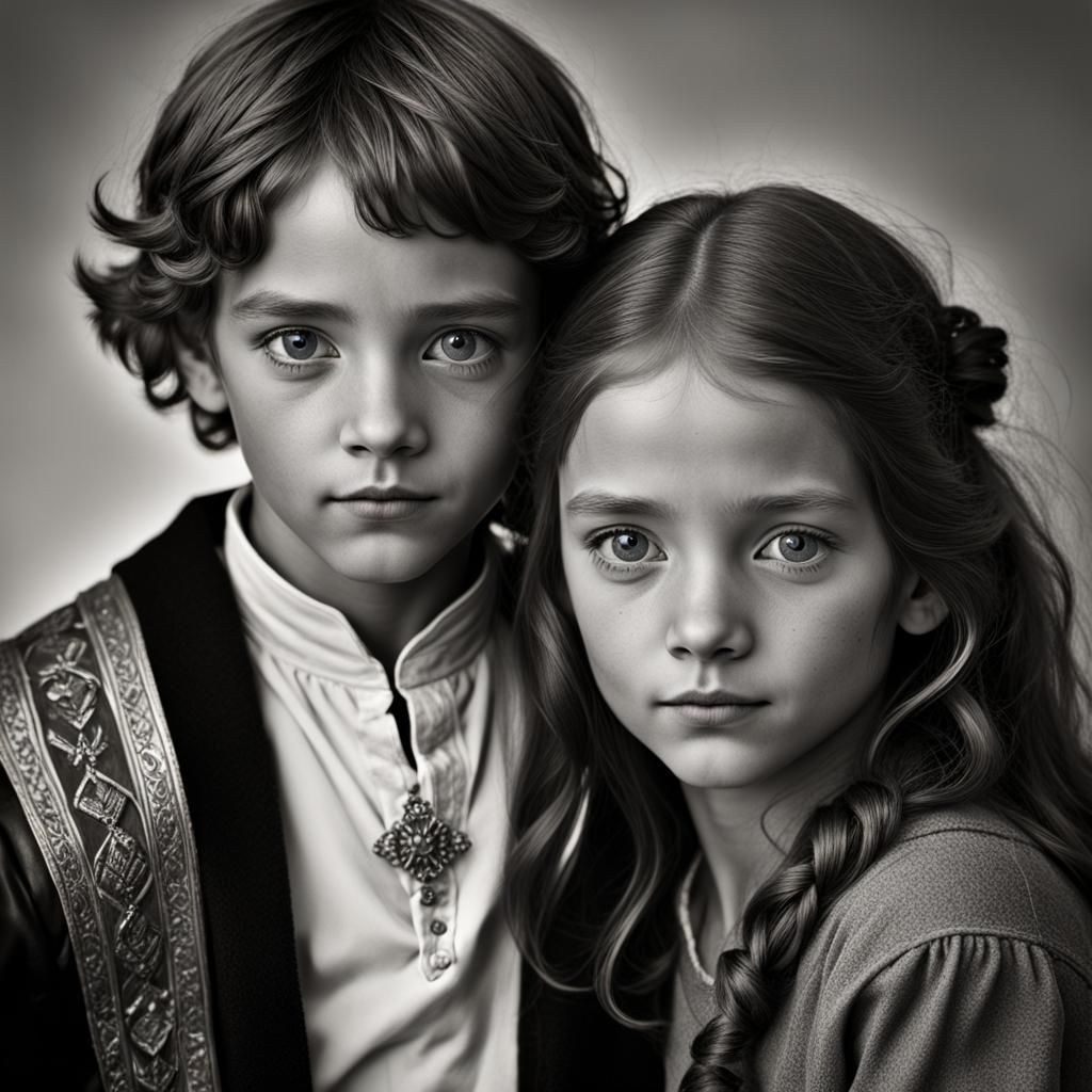 Boy and Girl in Middle Ages: Black and White Portrait