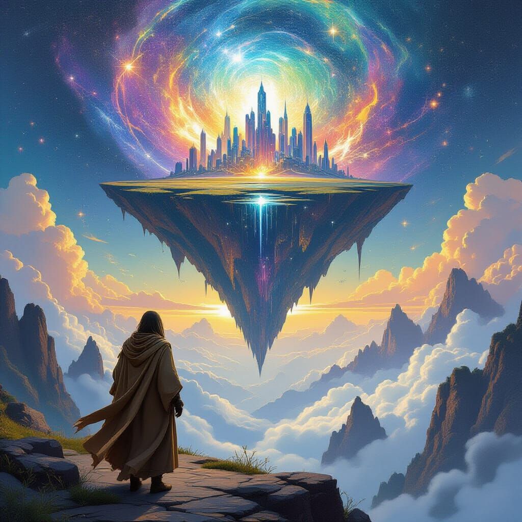 Traveler Gazing at Galaxy on Floating Island