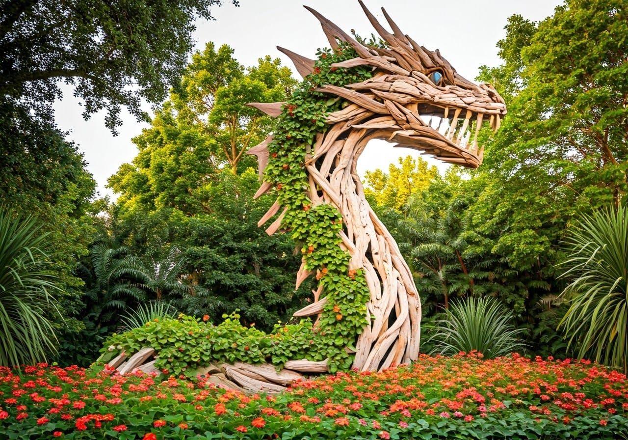 Weathered Dragon Sculpture in Lush Public Garden