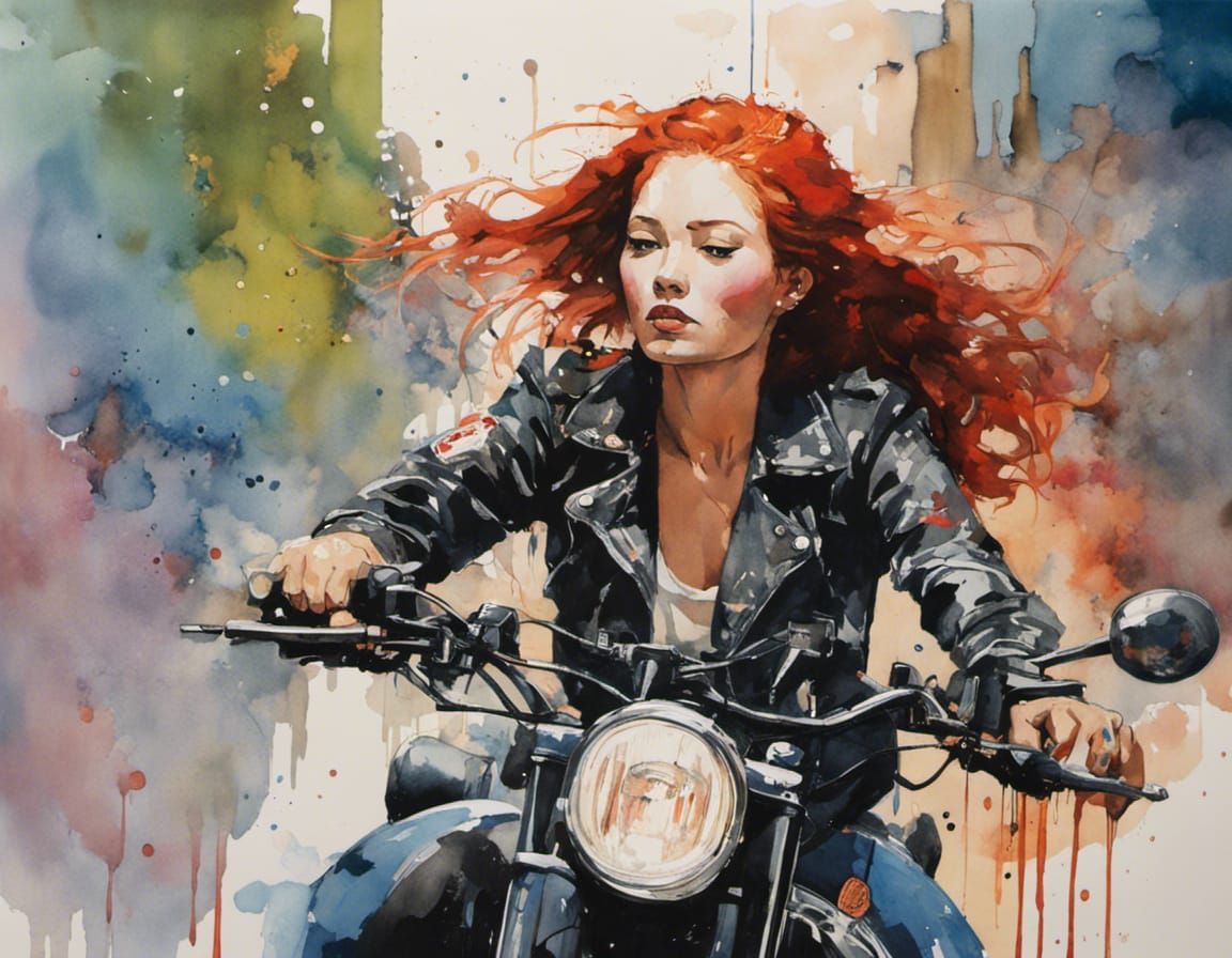 Redhead Girl on Motorcycle in Watercolor Portrait