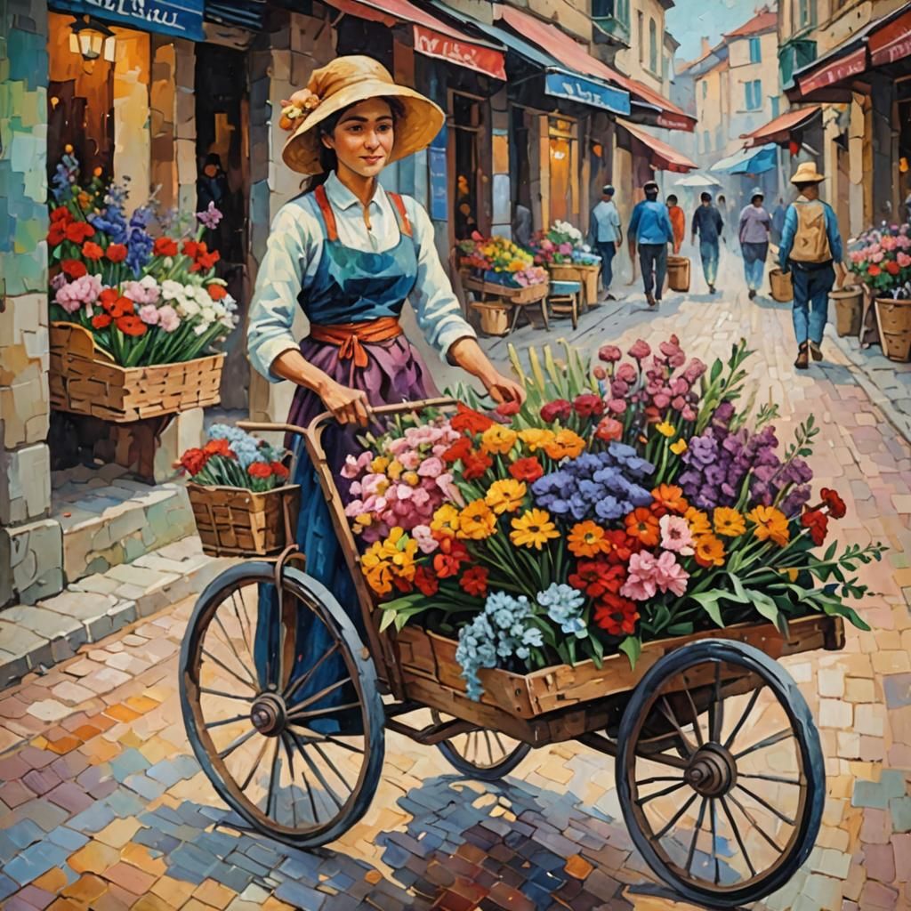 beautiful female flower seller with twowheeled cart filled with bouquets neo-impressionism expressionist style oil paint...