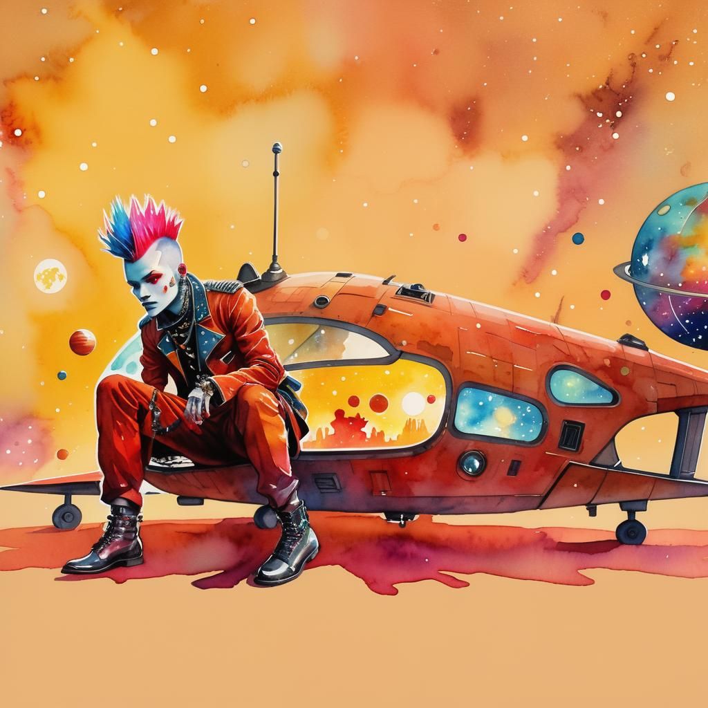 Retro-Futuristic Punk in Space, Watercolor Art
