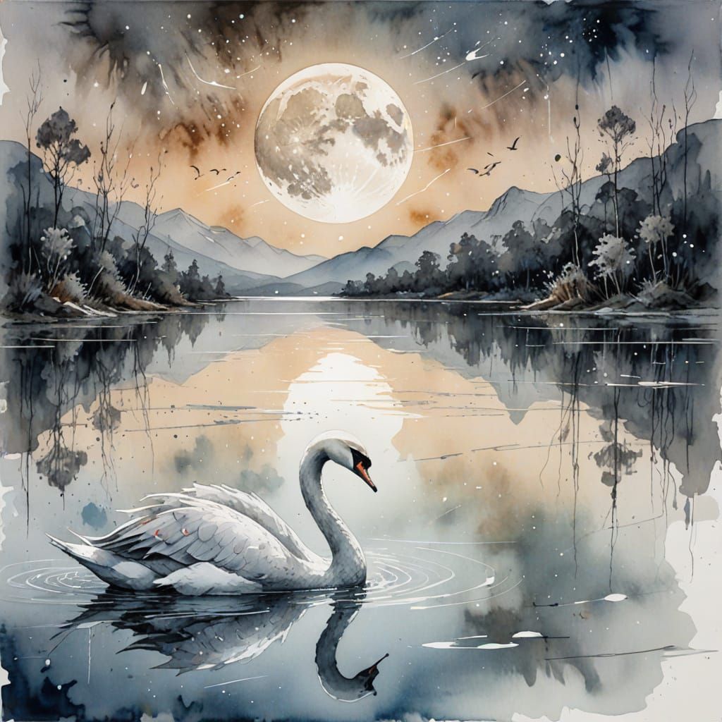 Luminous Moonlit Lake Scene in Watercolour Style