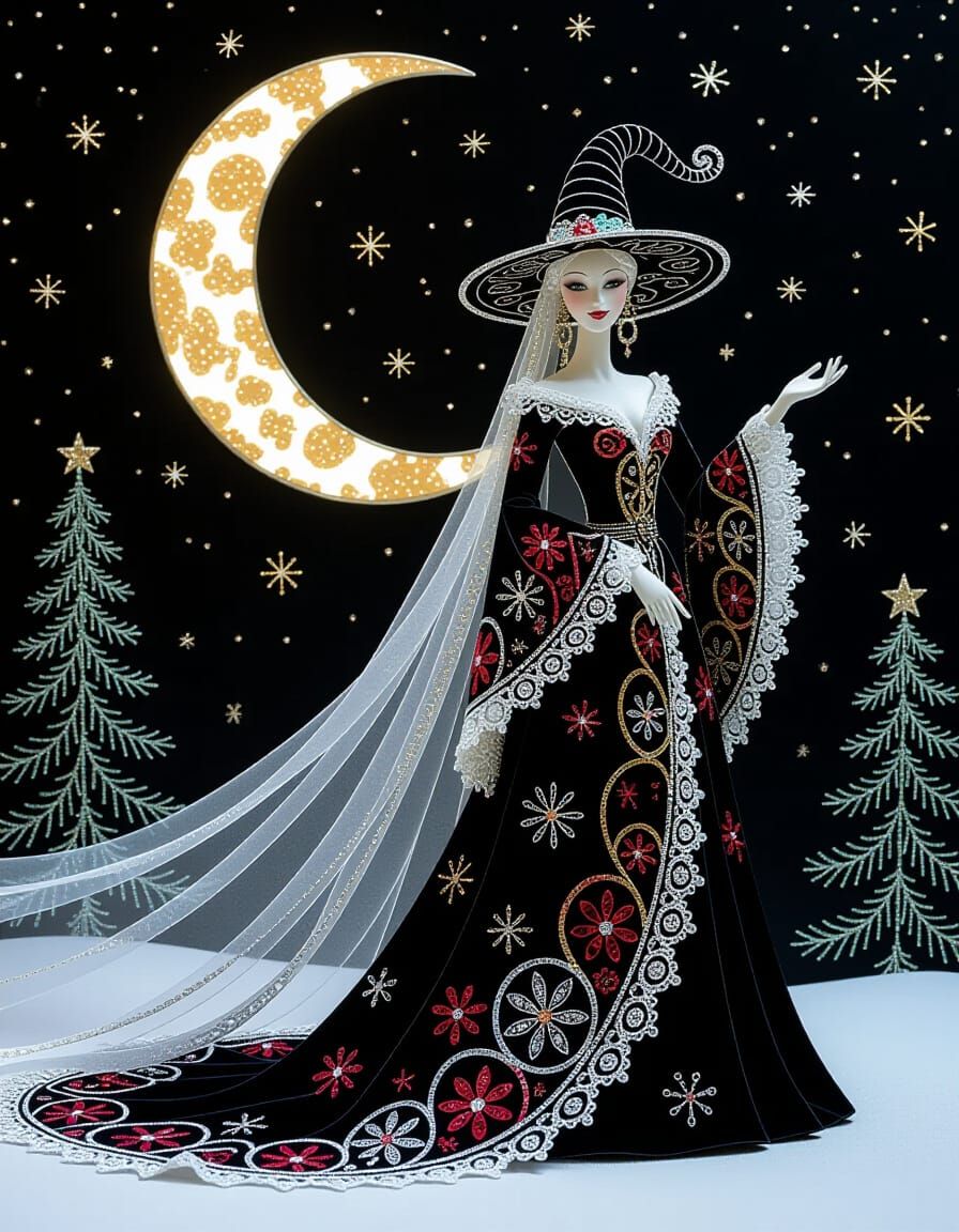 Klimt-Inspired Crochet Witch with Cosmic Christmas Decor