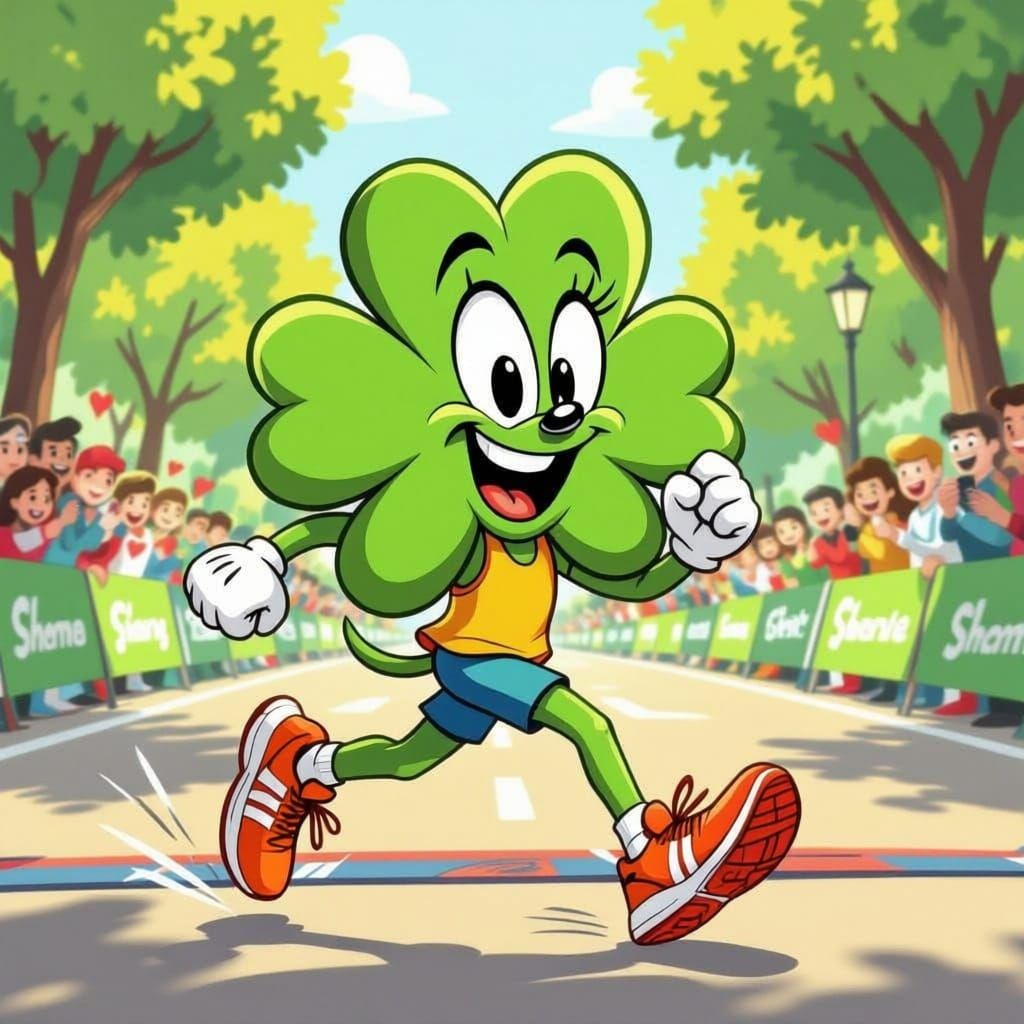 Anthropomorphic Shamrock Races in a Cheerful Cartoon Style