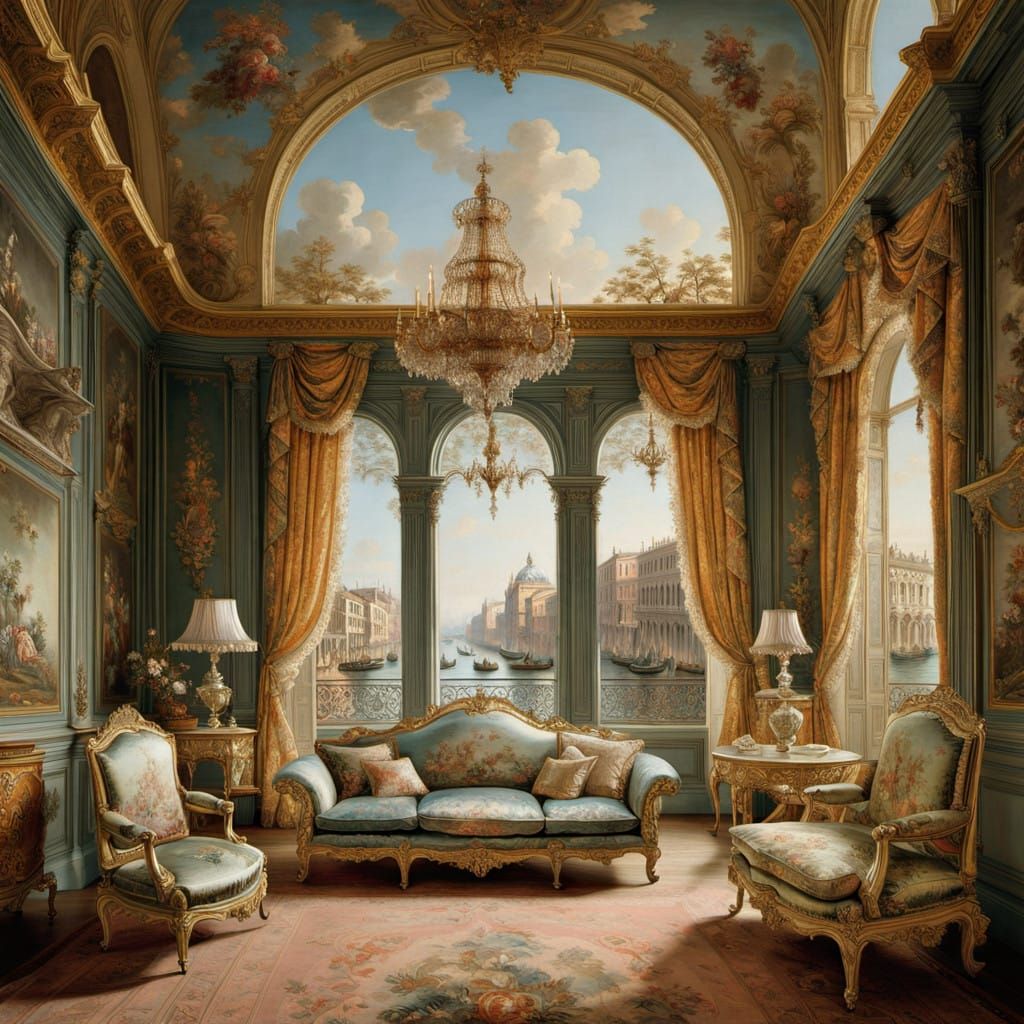 Regal 18th Century Noblewoman in Lavish Venetian Palace Inte...