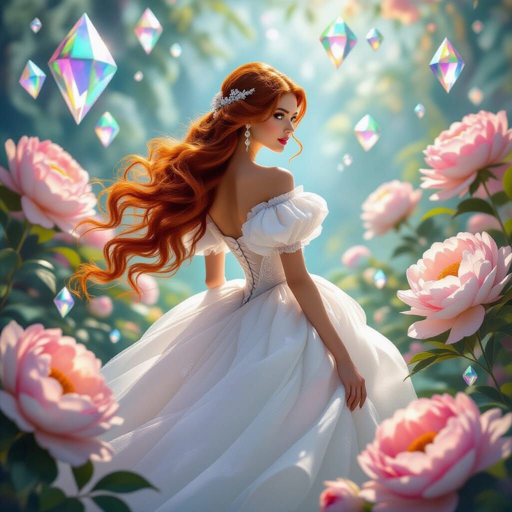 Redhead in Surreal Dreamscape with Peonies and Crystals