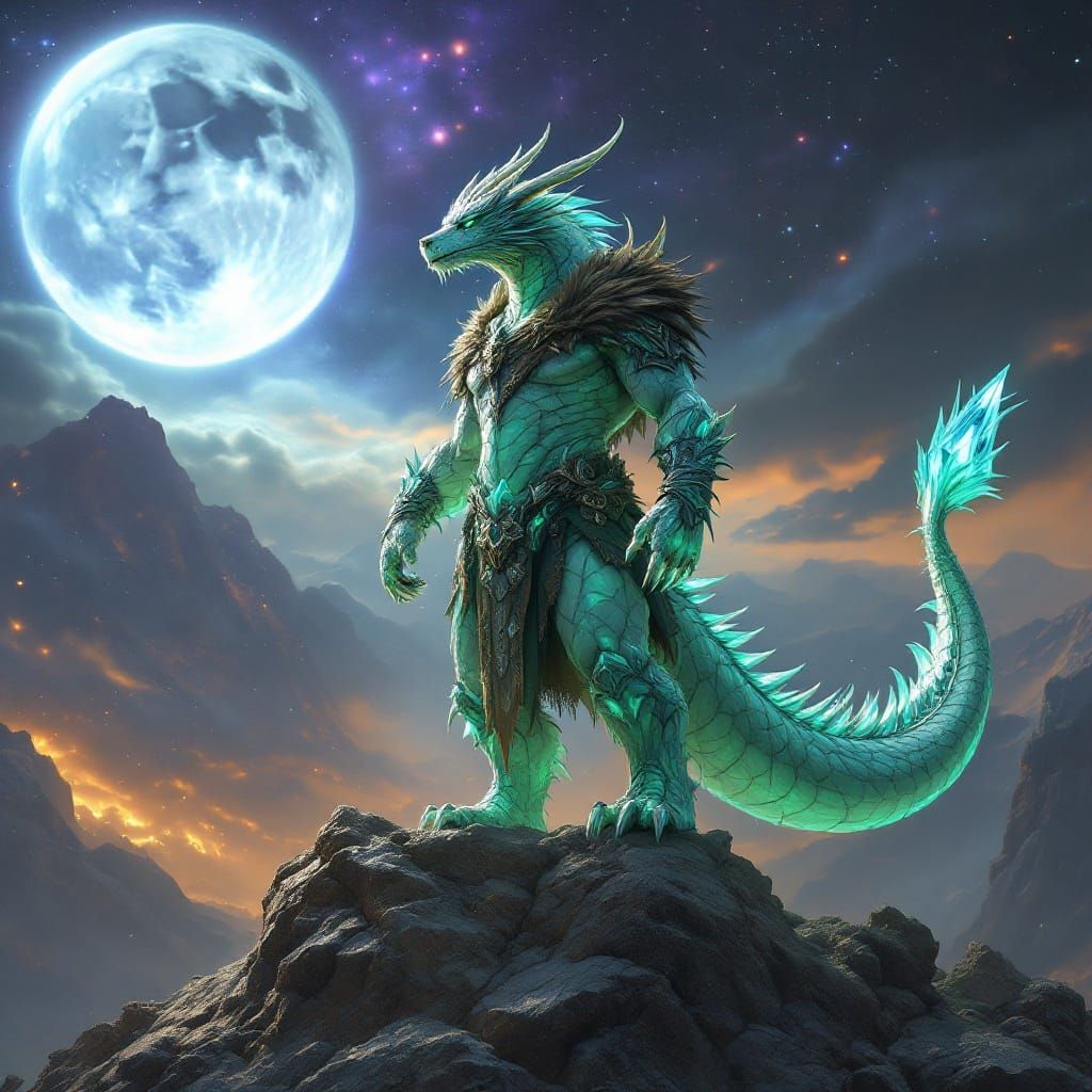 Heroic White Emerald Dragonborn Barbarian in Futuristic Real...