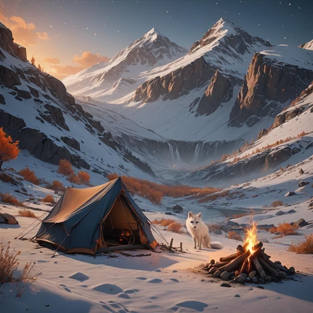 Snowy Mountain Campfire in Detailed Matte Painting