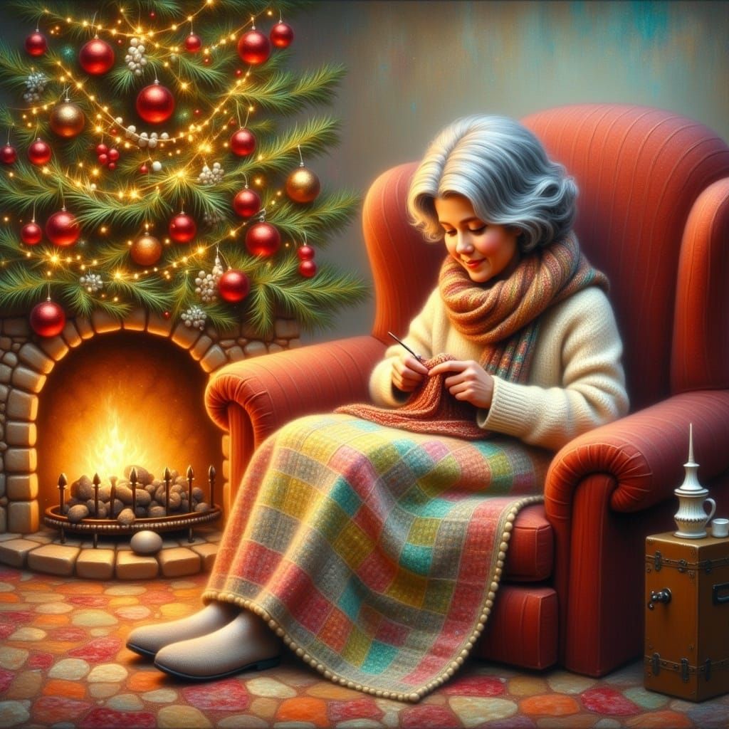 Cozy Winter Scene with Knitting and Christmas Tree