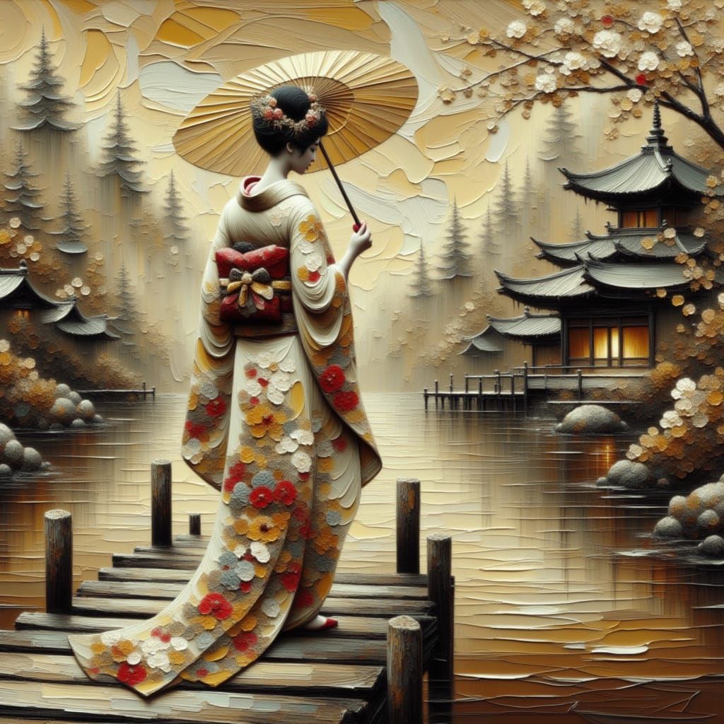 Elegant Geisha in Silk Kimono