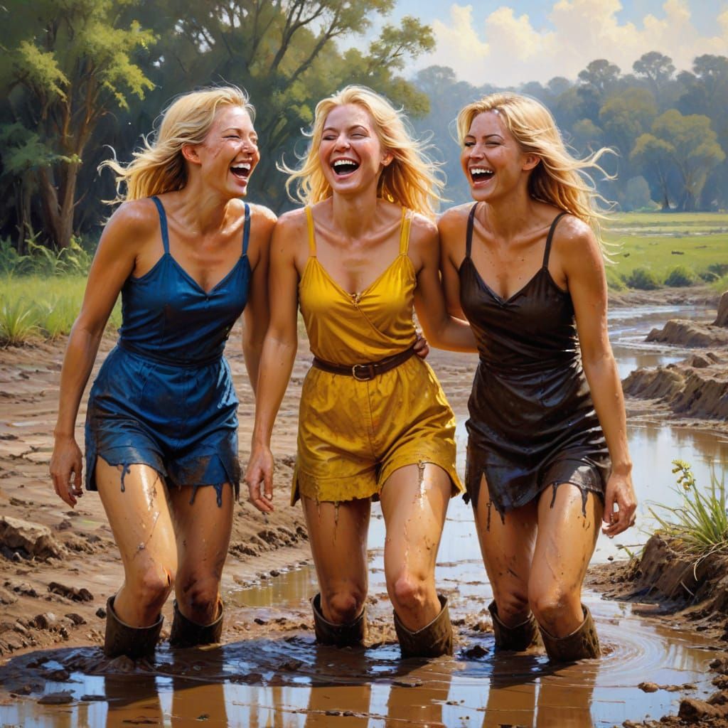 Friends in Joyful Muddy Adventure in Oil Painting Style