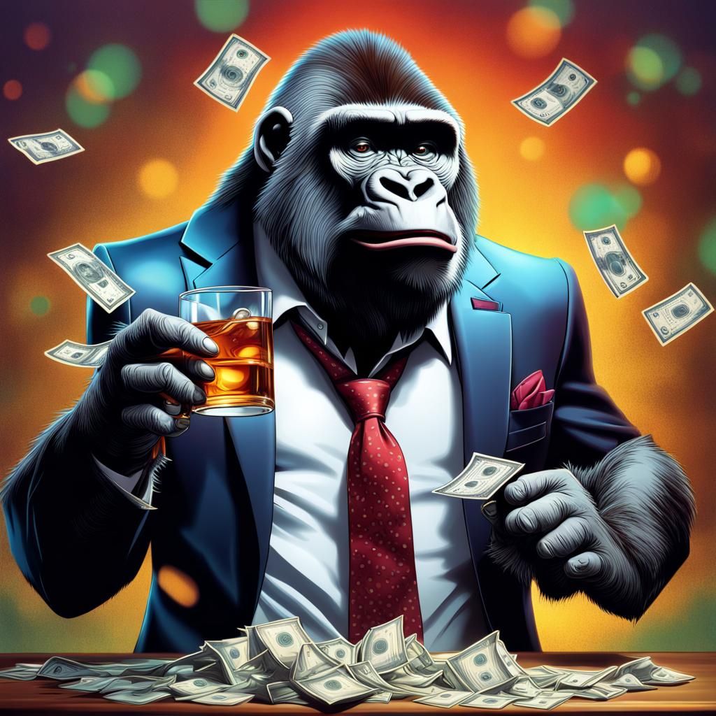 Smiling Gorilla in Suit Throwing Money, Hyperrealistic Art