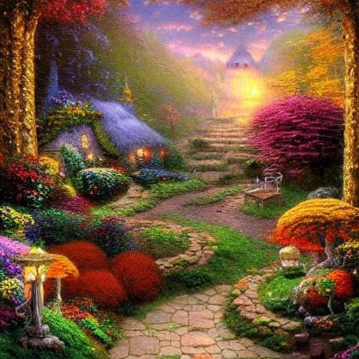 Ethereal Autumn Fairy Garden in Kinkade Style