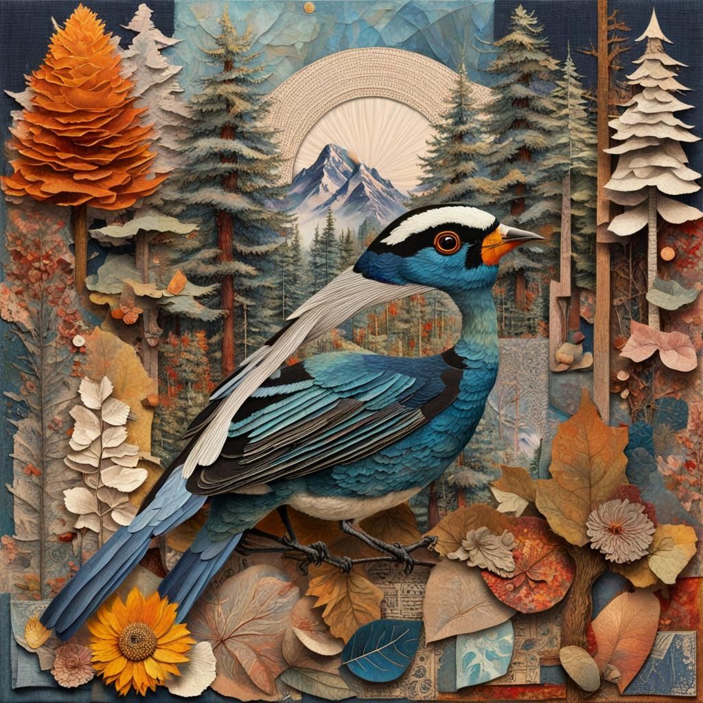 Vibrant Collage Art of a Songbird in Forest