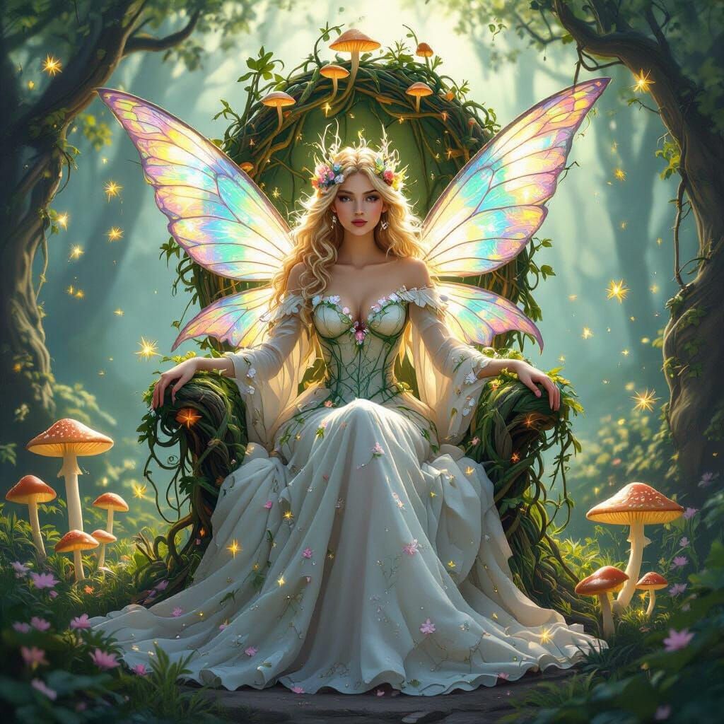 Fairy Queen on Mushroom Throne in Enchanted Forest