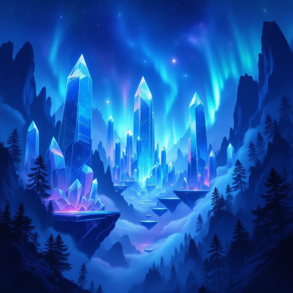 Cosmic Crystal Forest with Neon Light and Aurora Sky