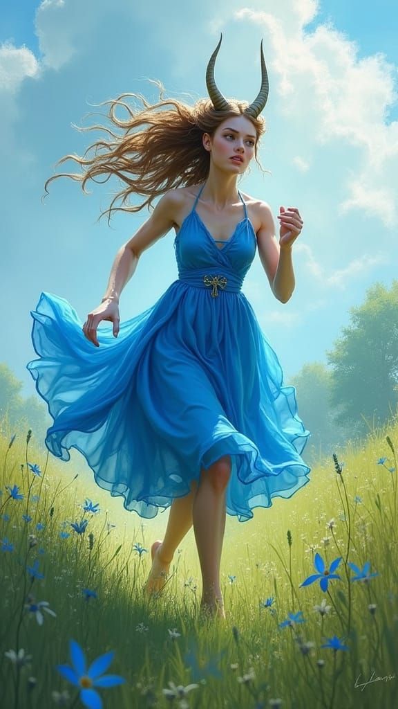 Centaur in Blue Dress Running Through Meadow