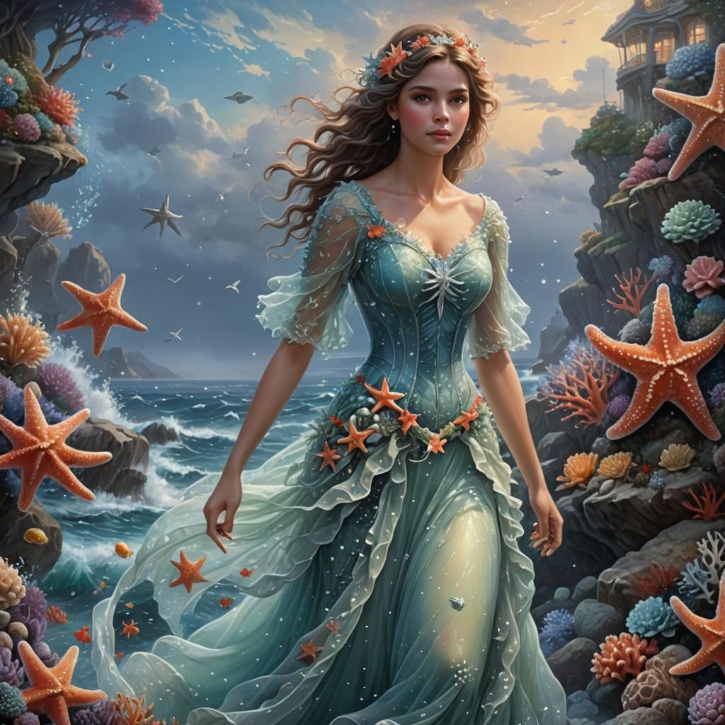 Ethereal Sea Girl with Coral and Starfish in Digital Paintin...