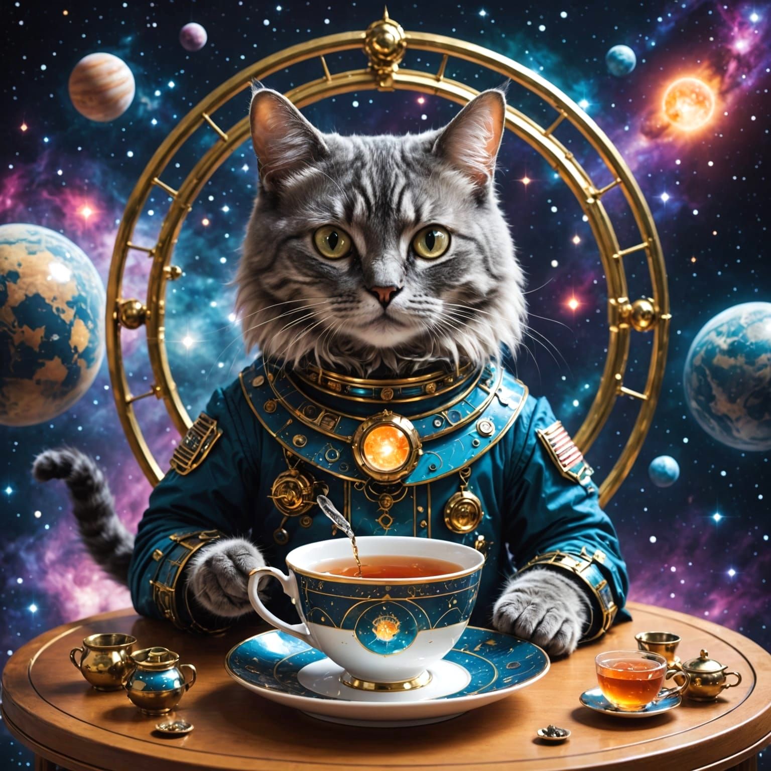 Astral Circuitry Space Cat Drinking Tea
