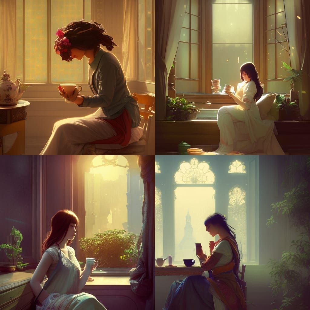 Girl Drinking Tea: Hyperdetailed Concept Art