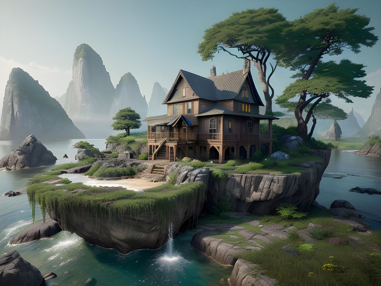 Grass Roof House on Island, Detailed Matte Painting