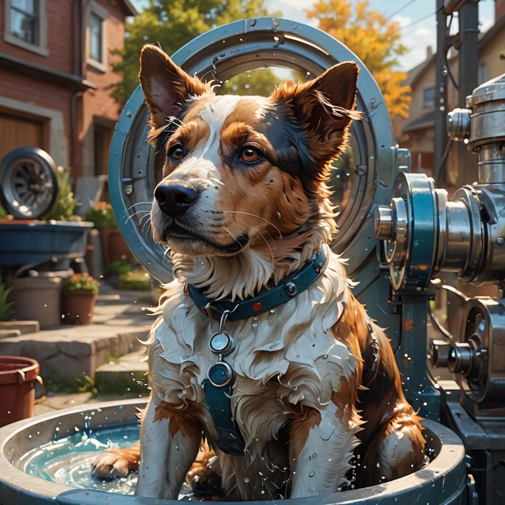 Dog Using Washer Concept Art in Artstation Style