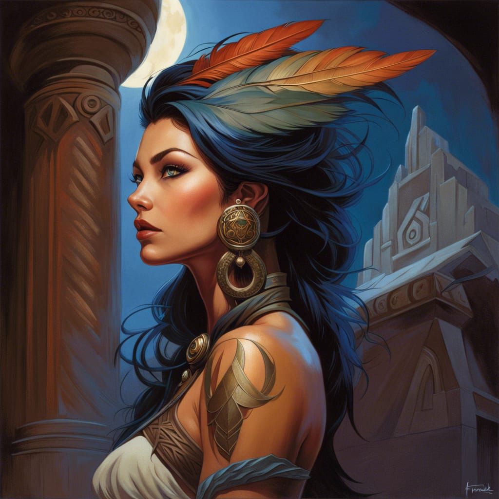 Fantasy Portrait of Woman with Feathers and Runes