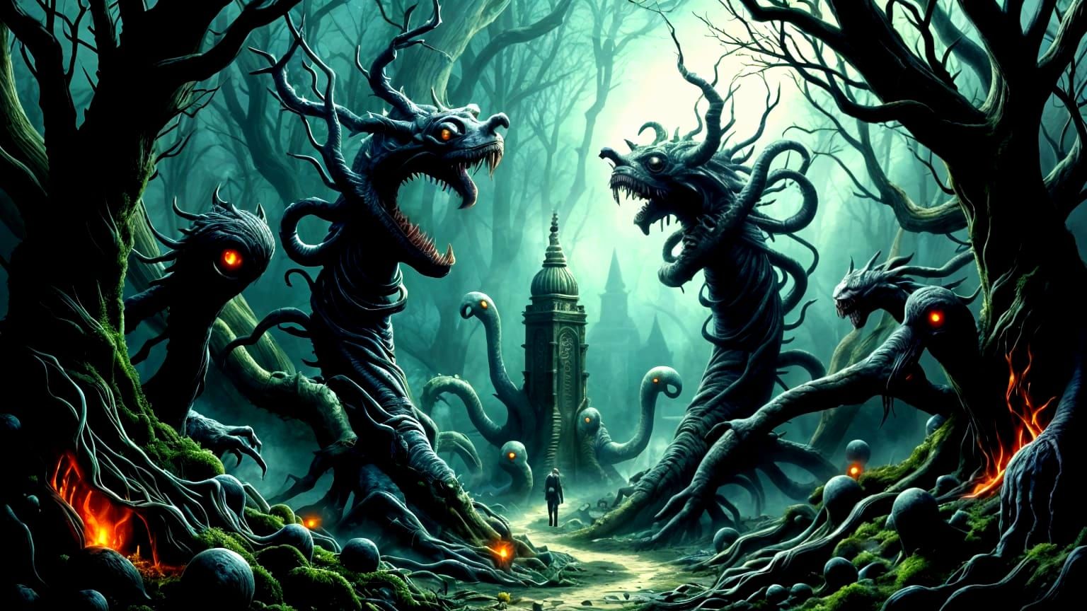 Eerie Garden with Flowers and Teeth, Digital Painting