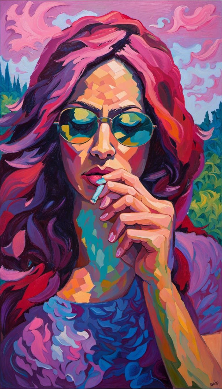 Impressionistic Painting of Woman Smoking at Dusk