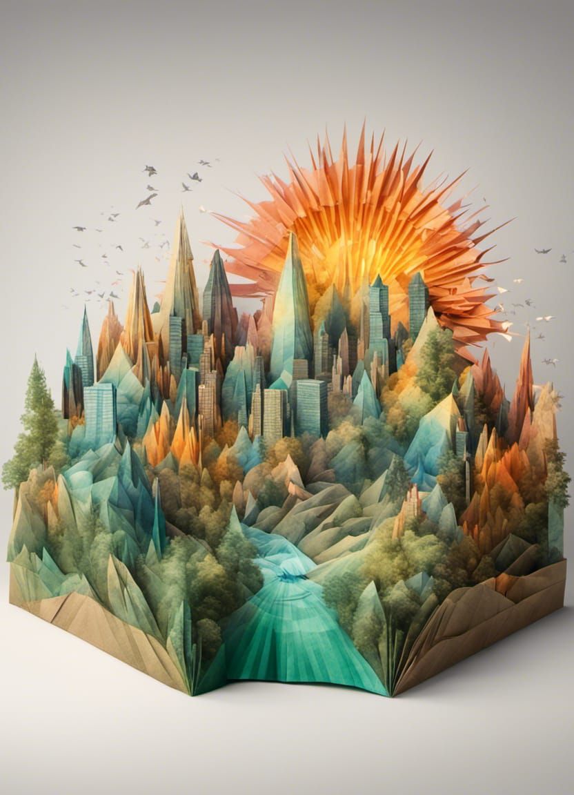 Colorful Origami City Landscape with Animals