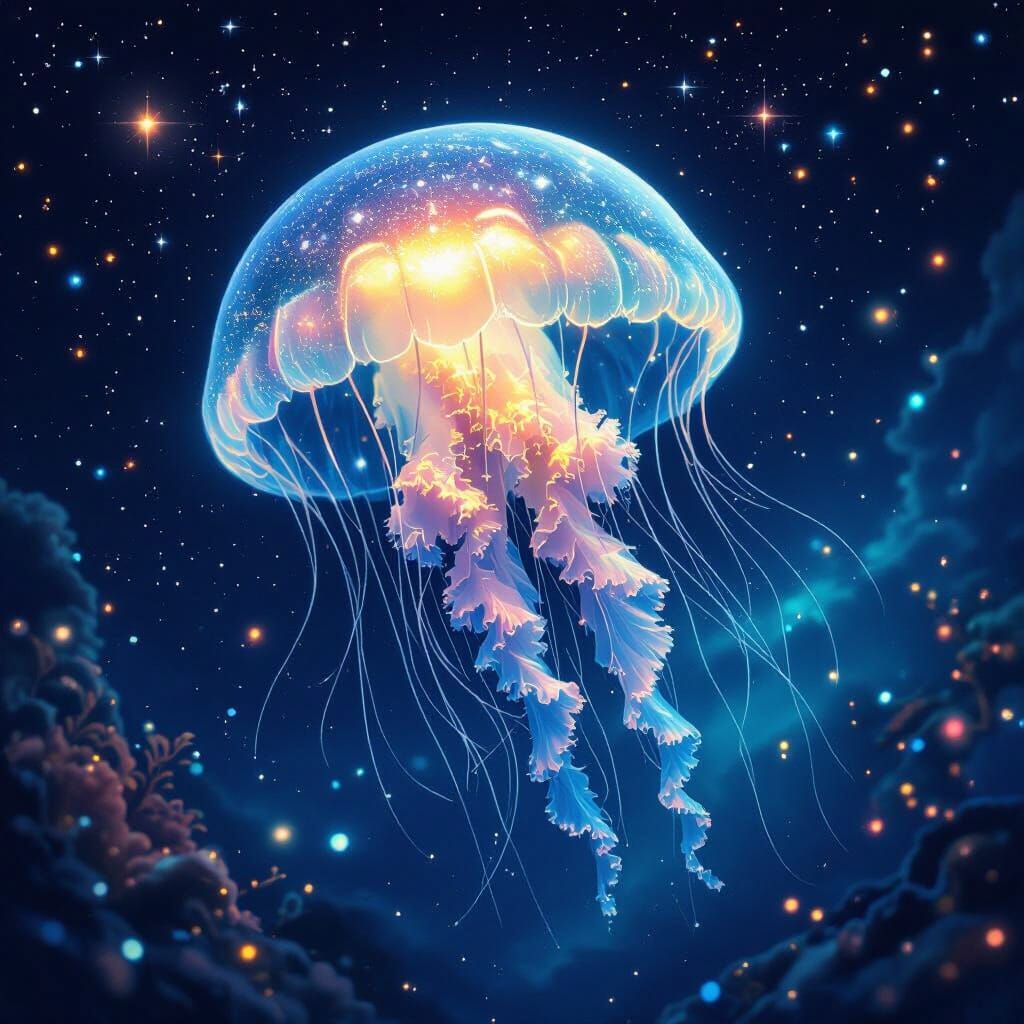 Celestial Jellyfish in Bioluminescent Ocean, Matte Painting