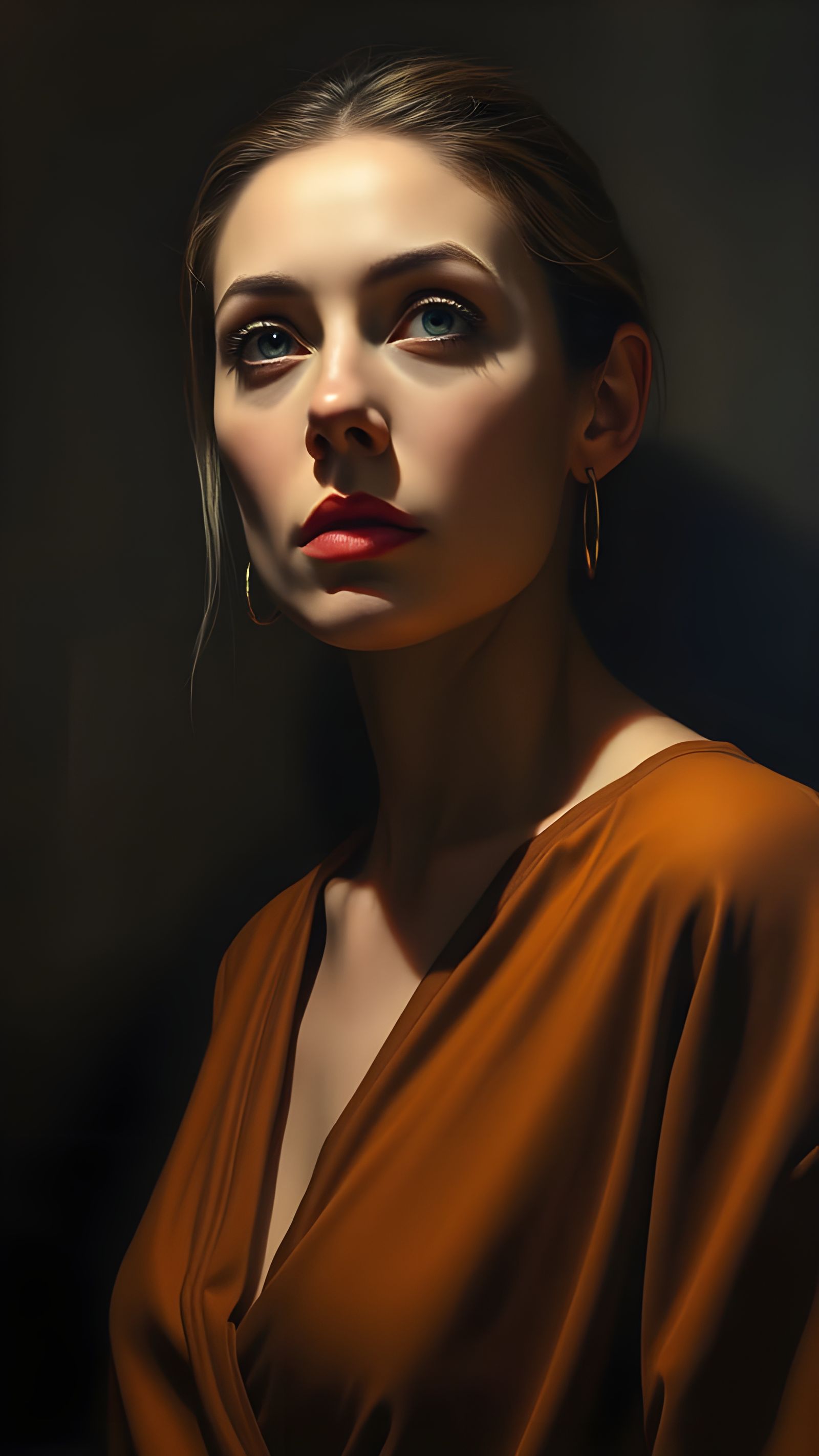 Hyper-Realistic Oil Painting of Tall Woman in Dramatic Light