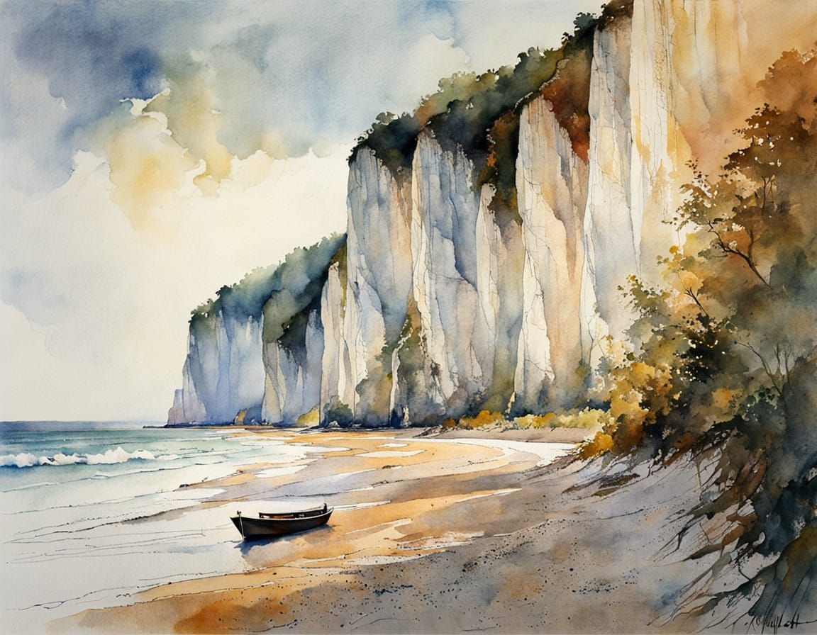 Morning Chalk Cliffs of Rügen in Soft Watercolour Hues