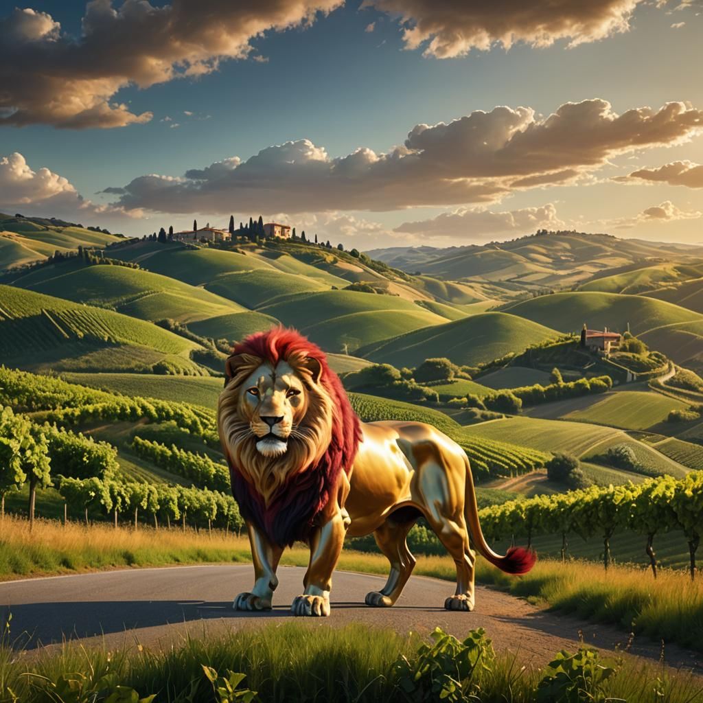 Lion-Lamborghini Hybrid in Italian Countryside