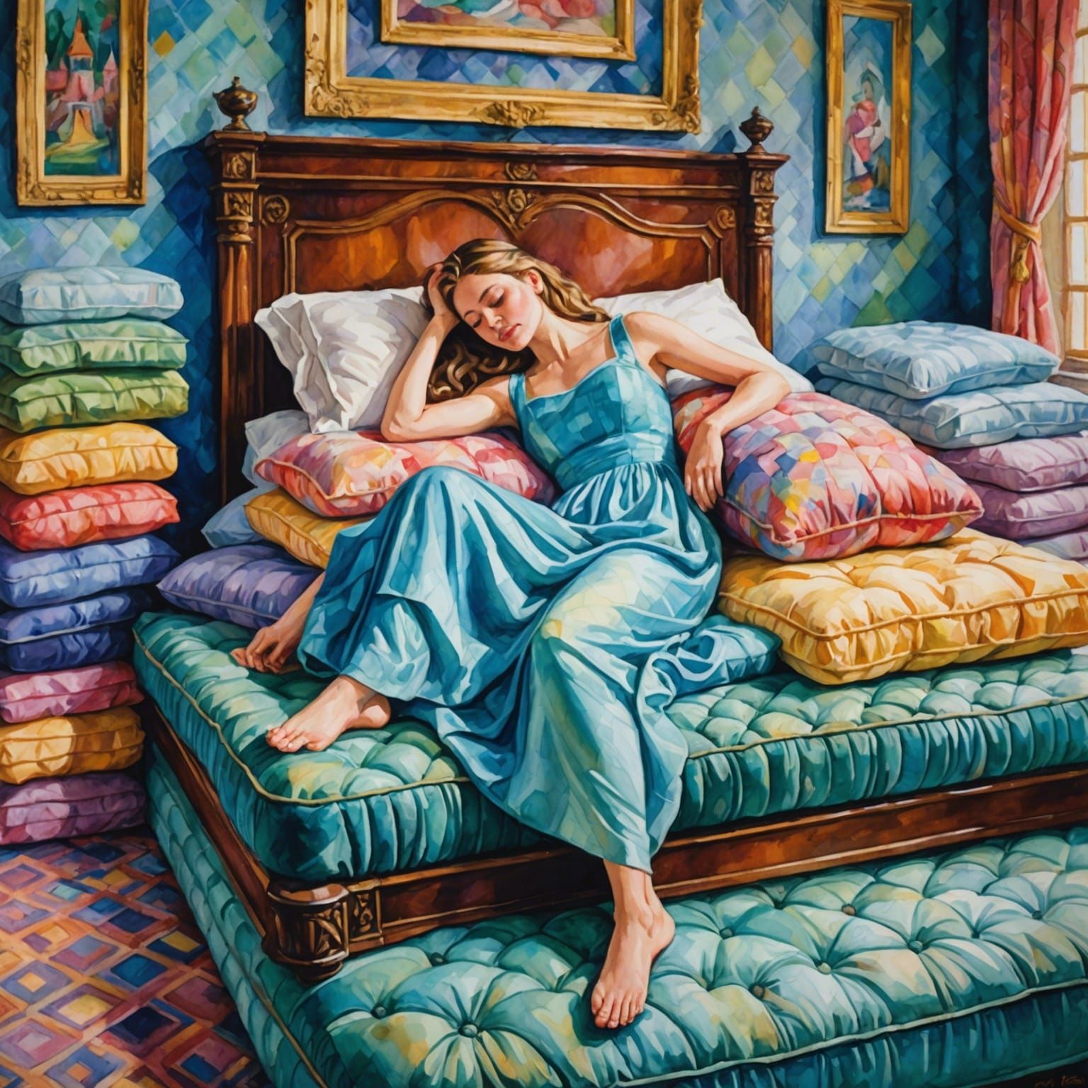 Princess Sleeps: Neo-Impressionist Watercolor Painting