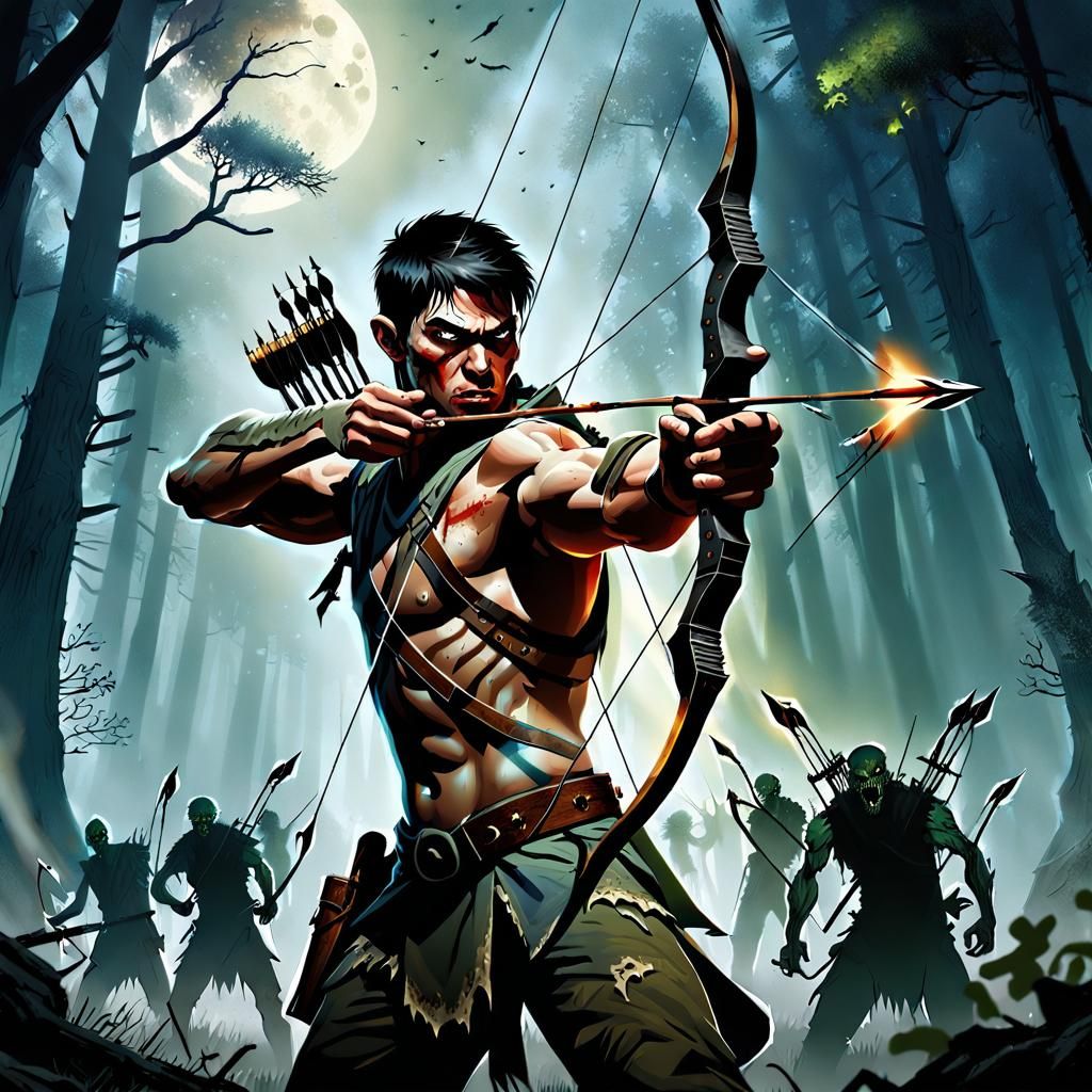 Archer Aims Cursed Bow at Approaching Zombie Horde
