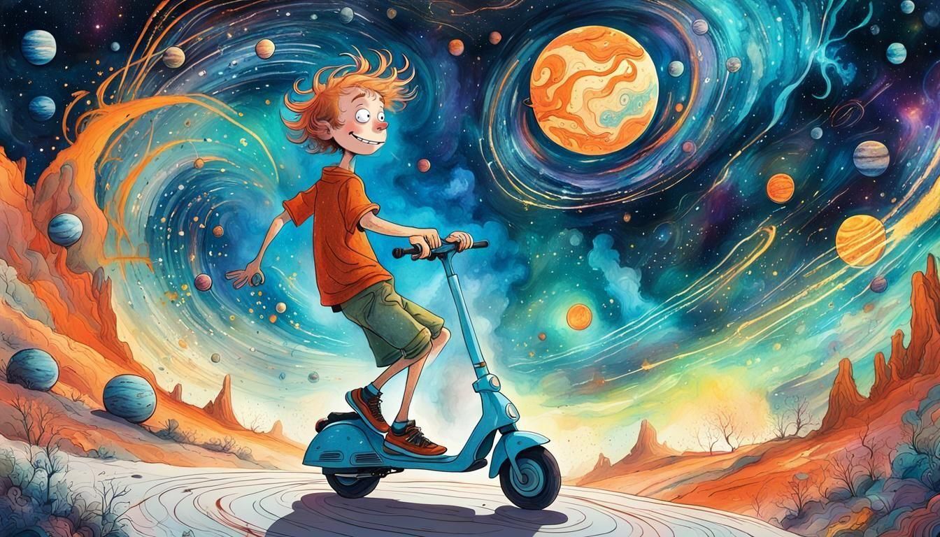 Boy on Scooter, Quentin Blake Style