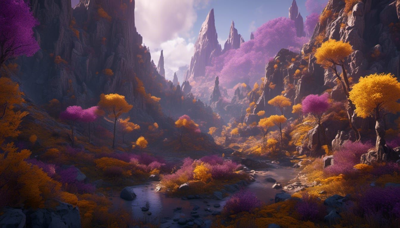 Forest-Covered Mountain Range in Hyperreal Dark Fantasy