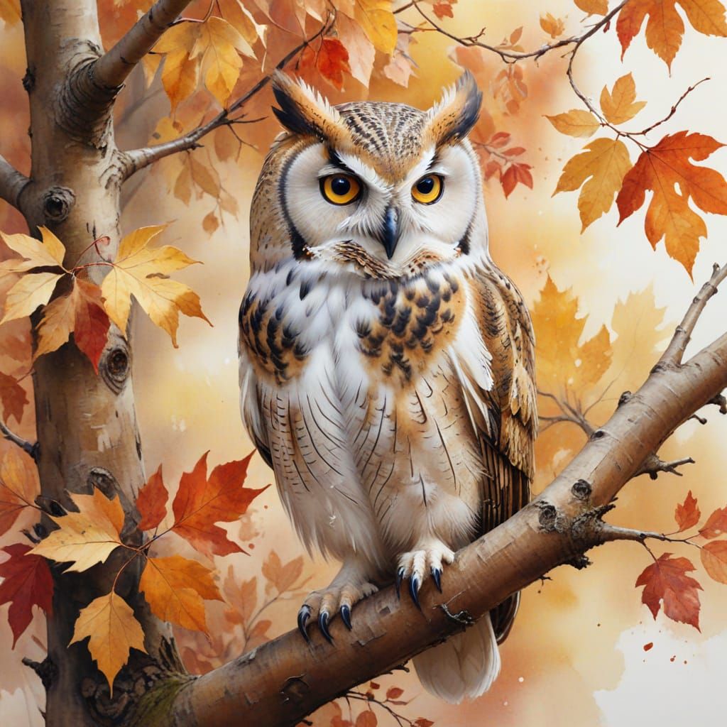 Detailed Owl Perched on Autumn Branch Watercolor Illustratio...