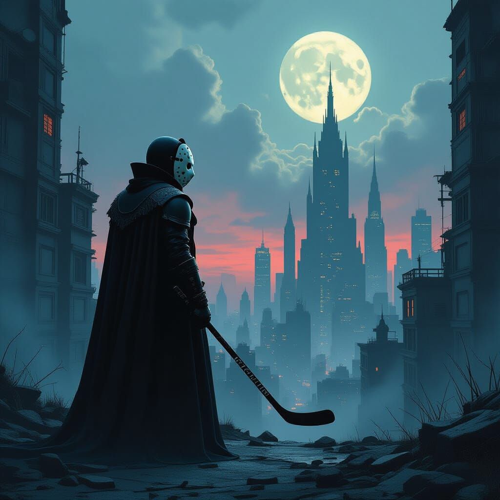 Foreboding Figure in Twilight Cityscape Dark Fantasy Art