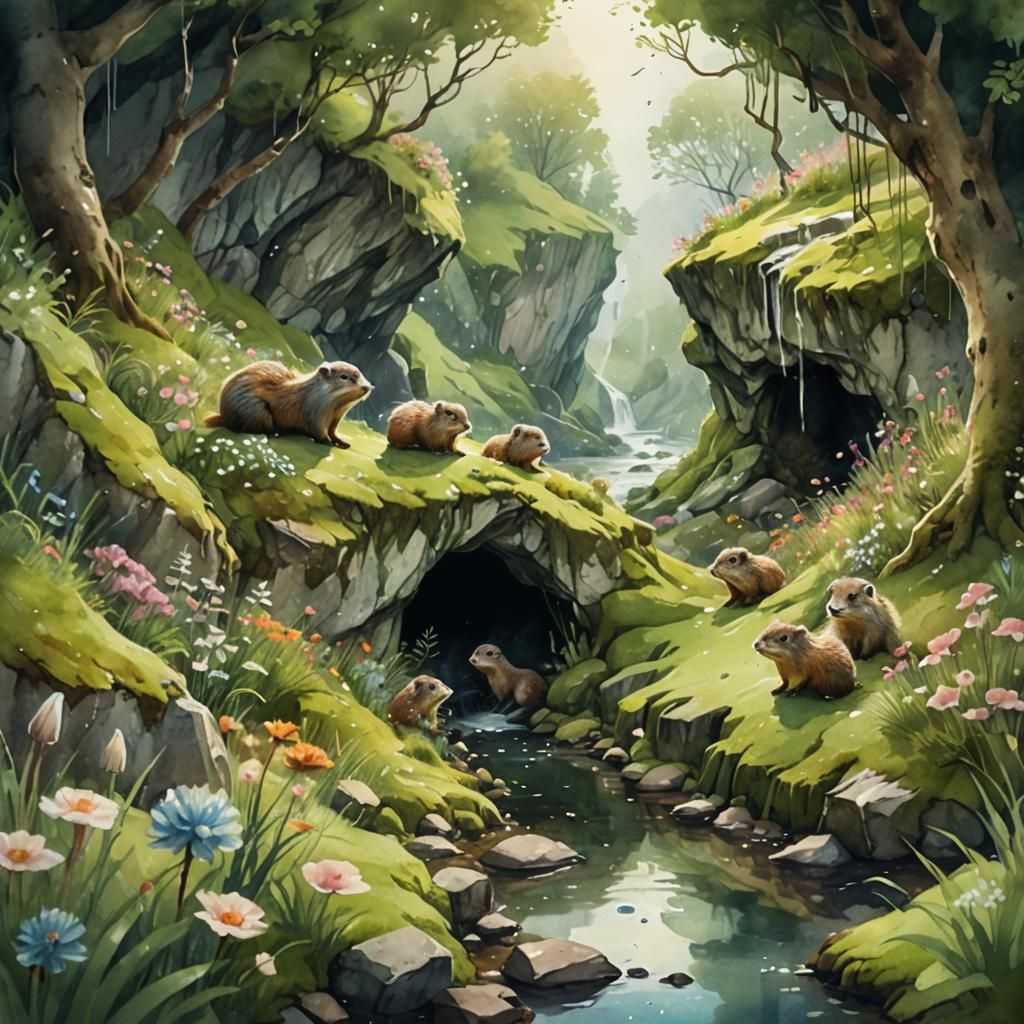 Idyllic Marmot Cave in Dreamy Watercolor Style