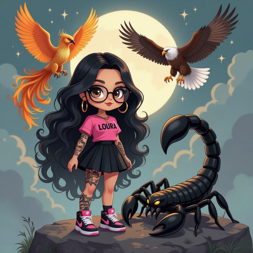 Chibi Woman with Scorpion, Phoenix, and Eagle