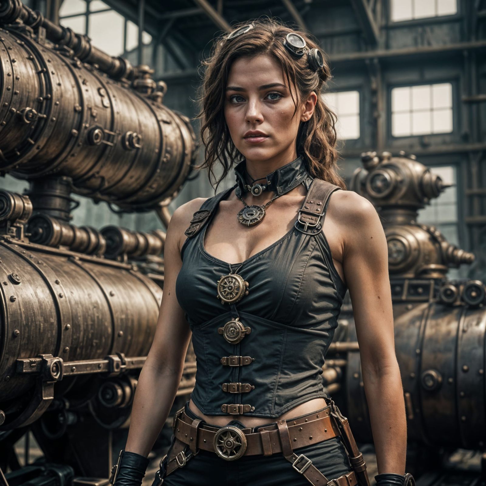 Steampunk Woman in Tank Top, Cinematic Film Still